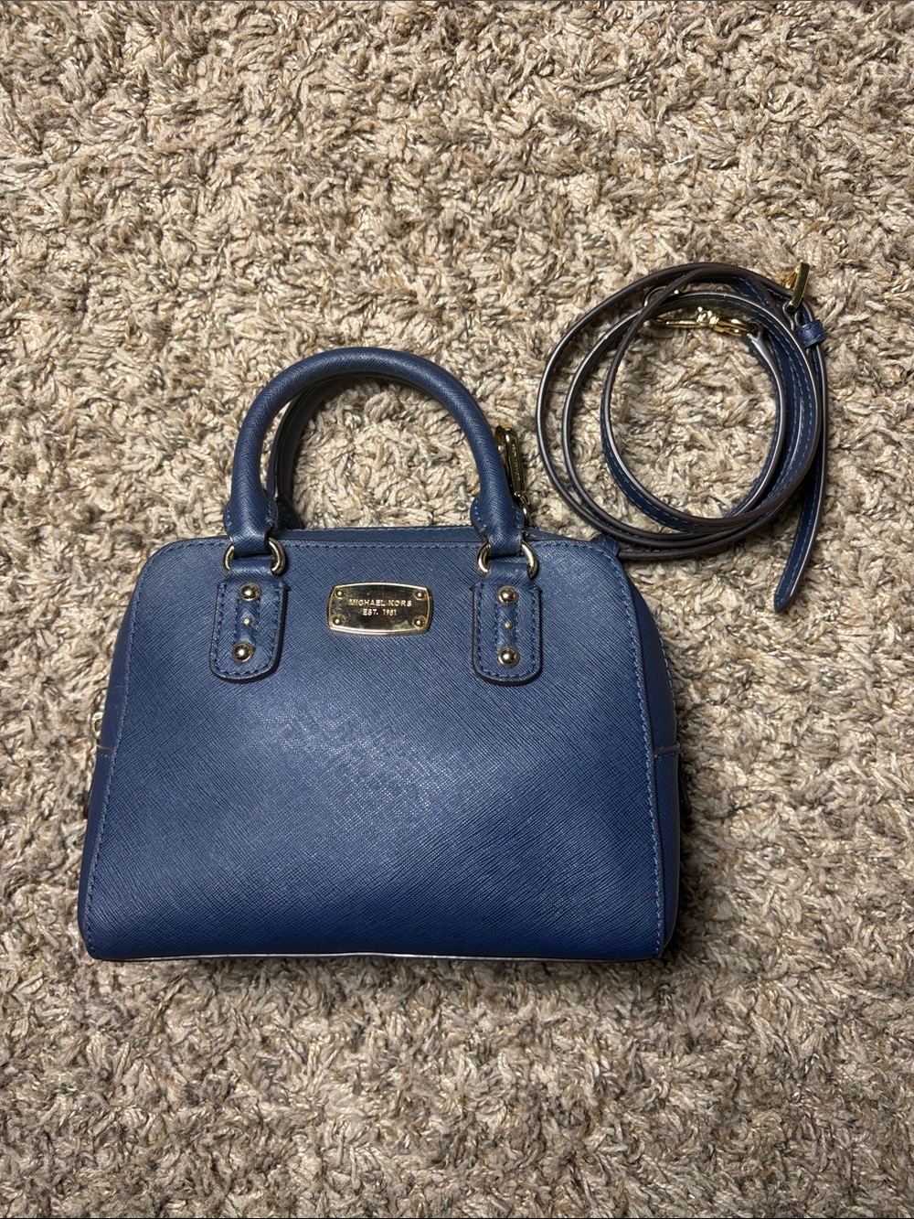 Michael Kors Small Navy Blue/Gold Saffiano Leather Satchel Crossbody Bag